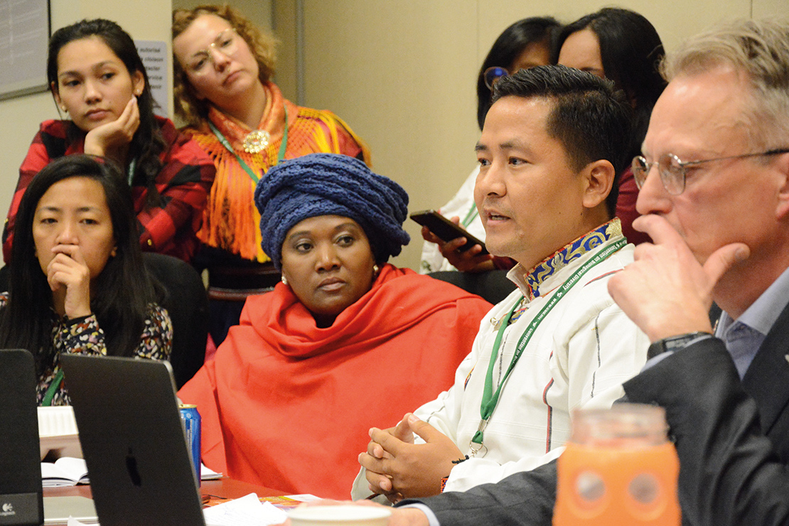 Members of IIFB participate in a meeting of the CBD Working Group on Article 8( j) and related provisions in Montreal, November 2019. Credit: Tom Dixon.