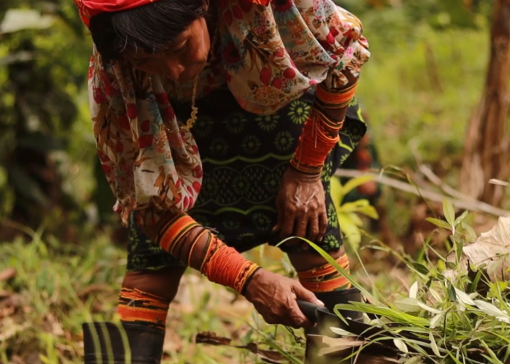 Woman cutting grass with machete