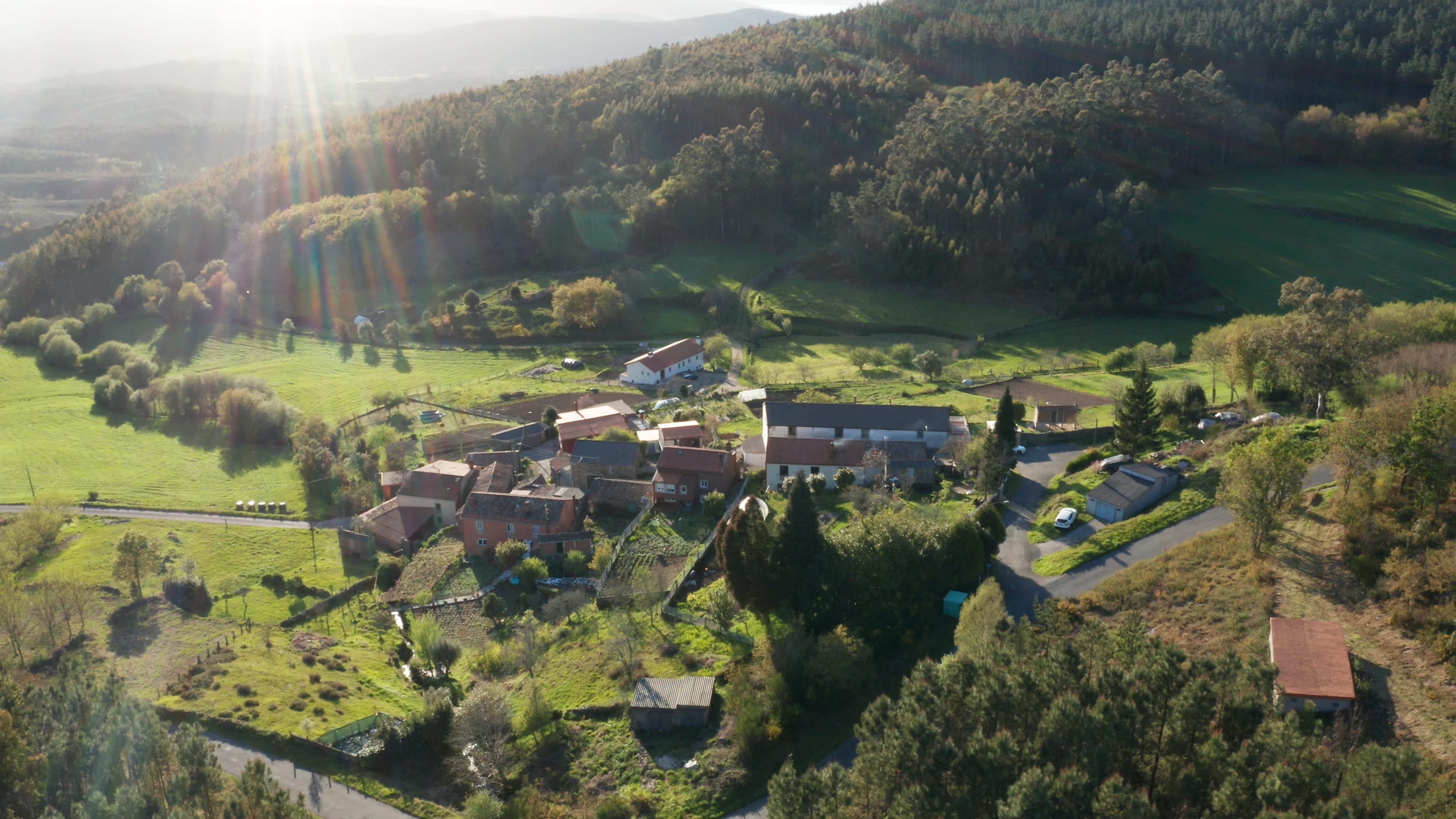 drone image of a village in countryside